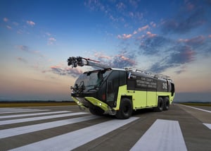Striker Volterra Electric ARFF parked outside at sunset.