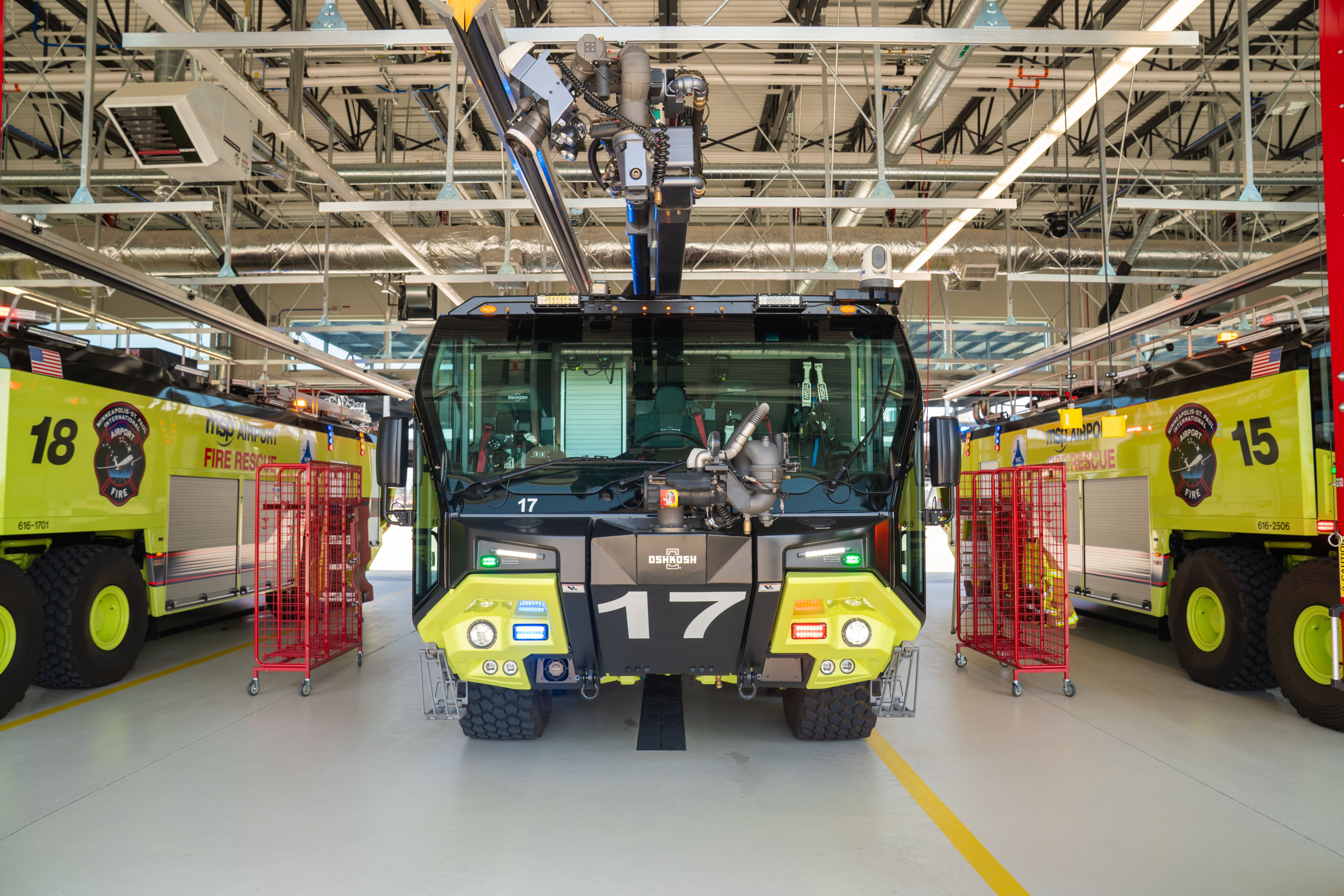 A Striker 8x8 ARFF parked inside the fire station.