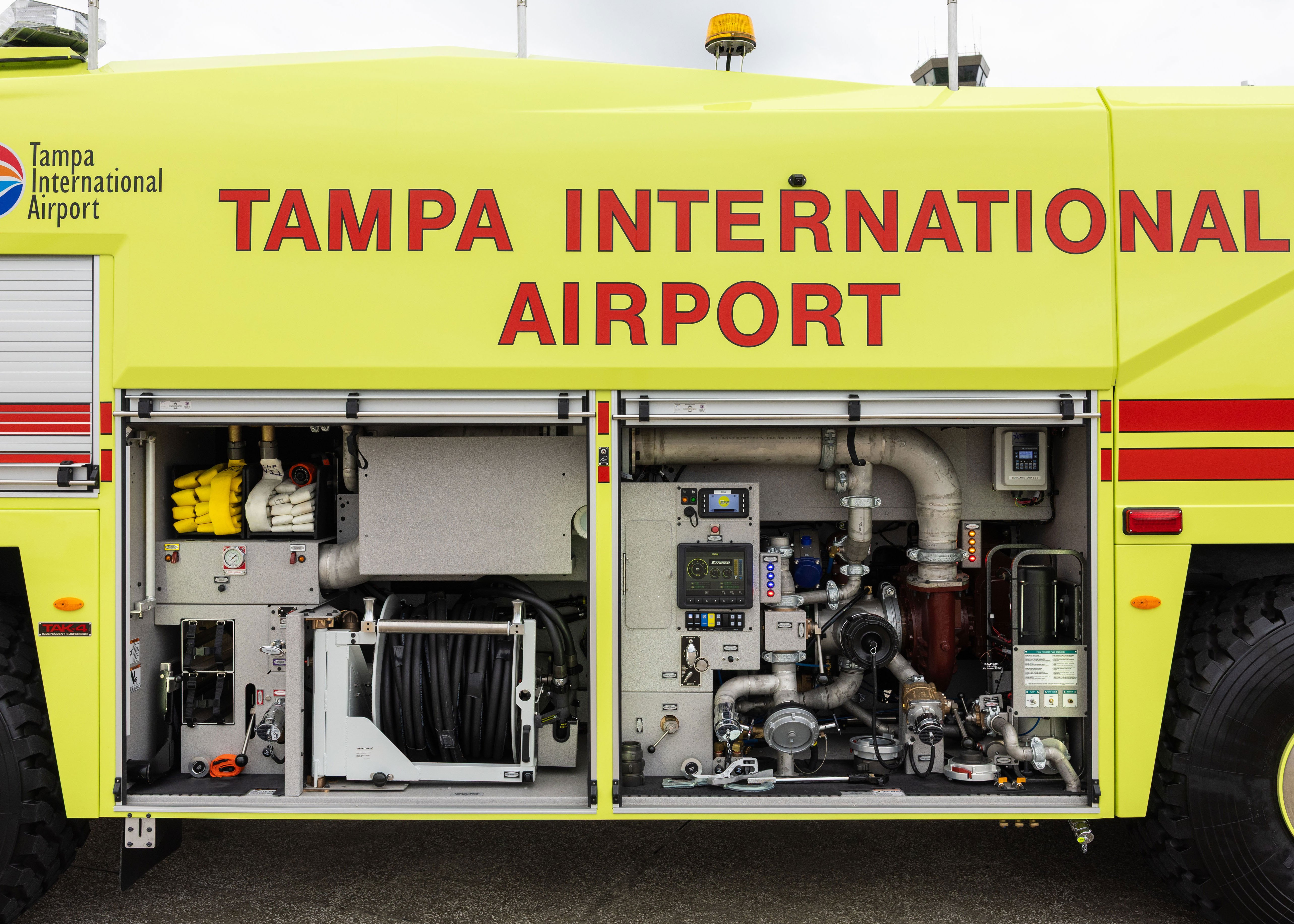 Compartments opened on the driver's side of a Striker 6x6 ARFF for Tampa International Airport.