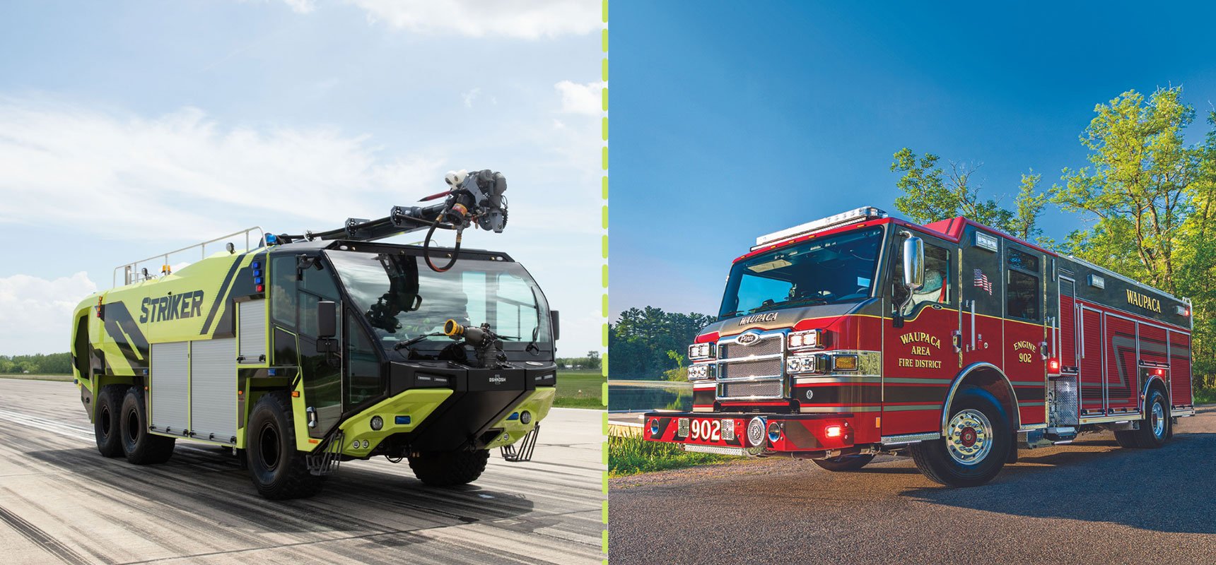 Oshkosh Airport Products ARFF vehicle compared to a Pierce Manufacturing municipal fire truck