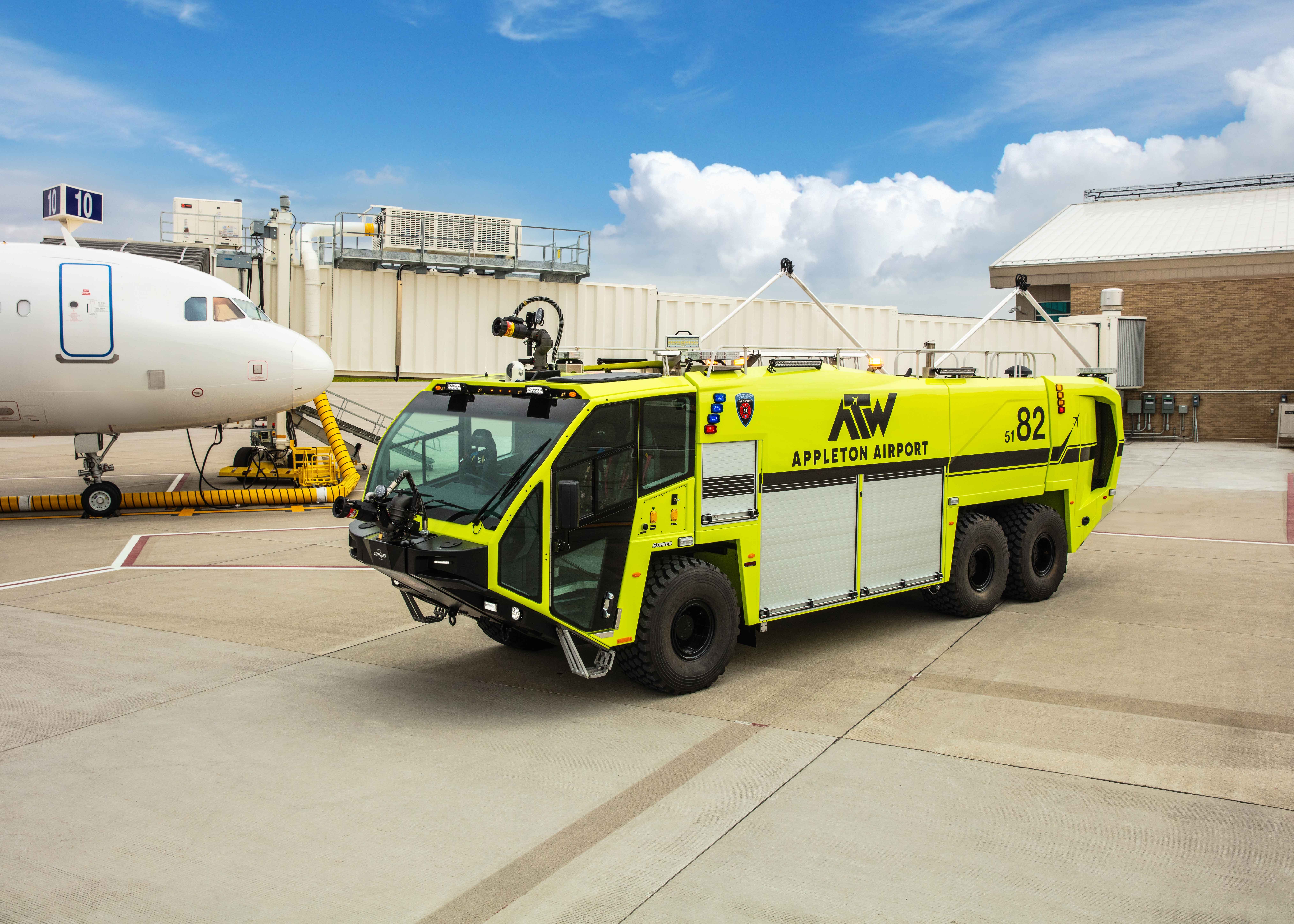 Striker 6x6 ARFF parked outside on a sunny day at Appleton International Airport.