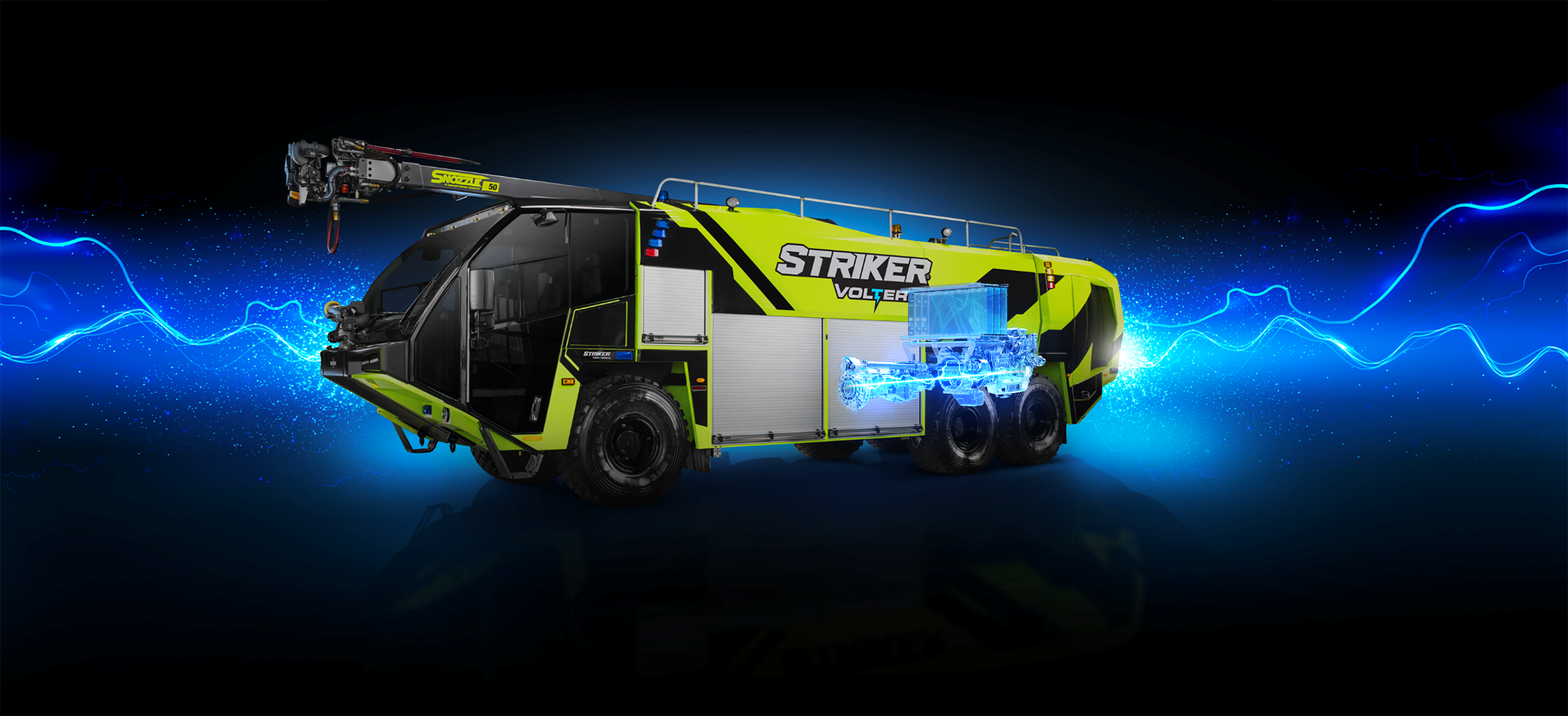 Side view of the Striker Volterra on black background with blue lightning streaks