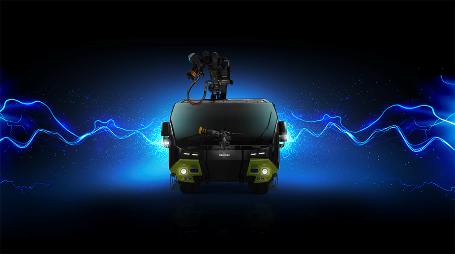 Front view of the Striker Volterra truck on black background with blue lightning streaks