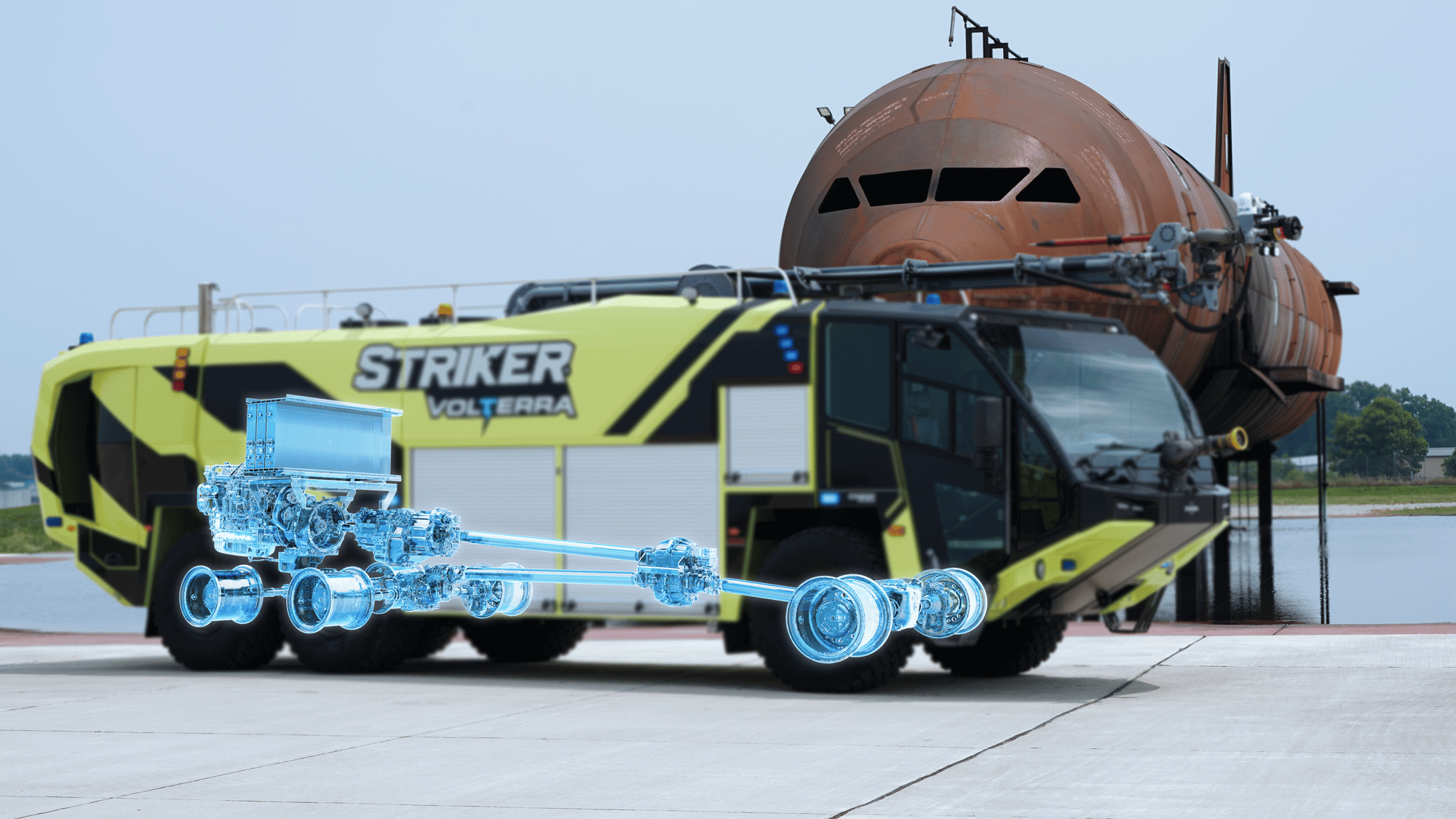 Striker Volterra electric ARFF driving outside with Xray graphic overlay showing acceleration. 