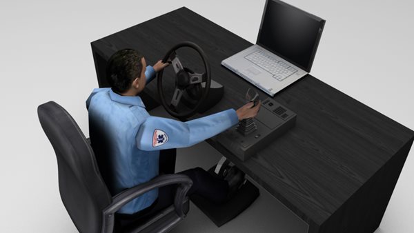 Animation of person using laptop version of Striker Simulator