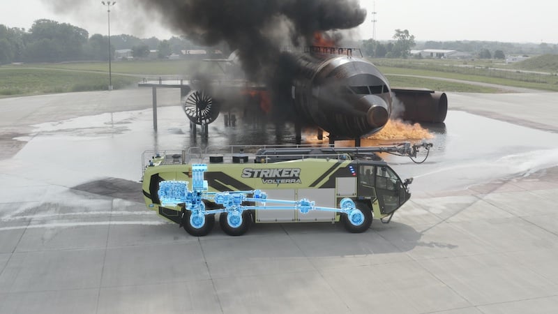 Xray graphic showing the pump and roll capabilities on the interior configuration of a Striker Volterra electric vehicle.