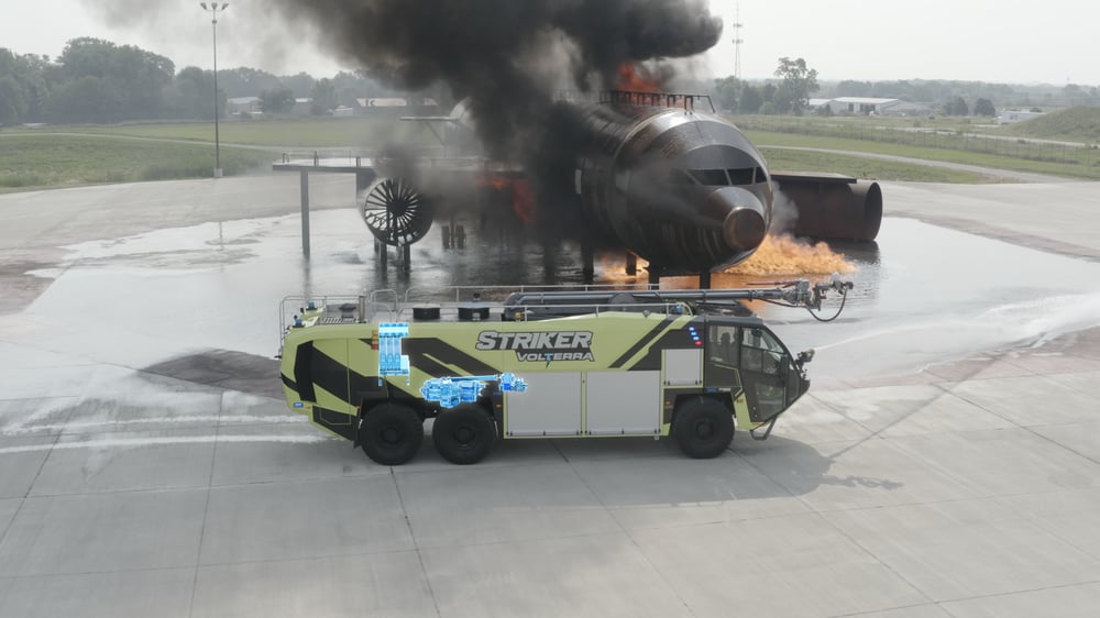 Striker Volterra electric ARFF responding to a fire scene.