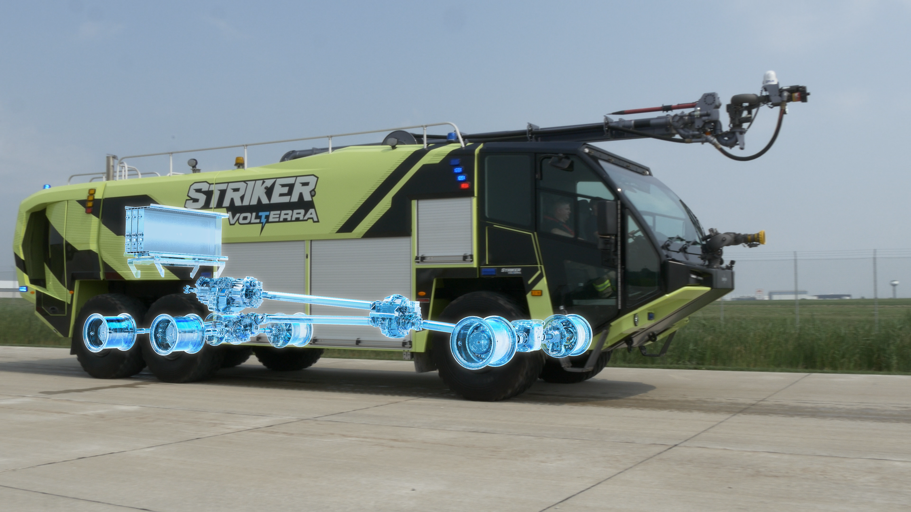 Xray graphic showing the regenerative braking system inside the Striker Volterra hybrid electric ARFF truck