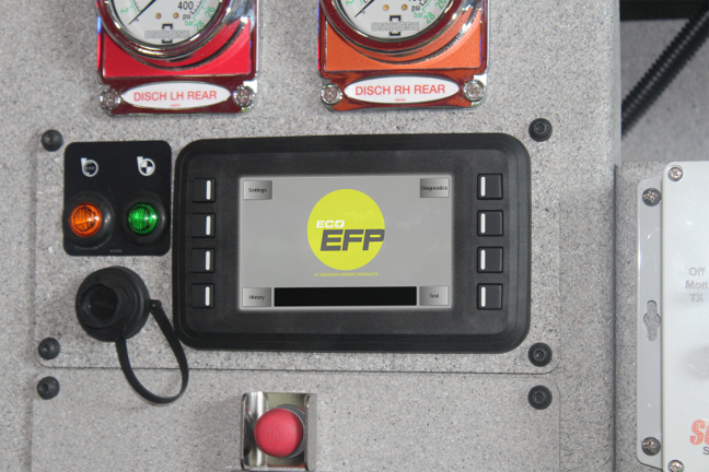 Monitor of the ECO EFP foam measurement system on a panel of an Oshkosh Striker ARFF truck