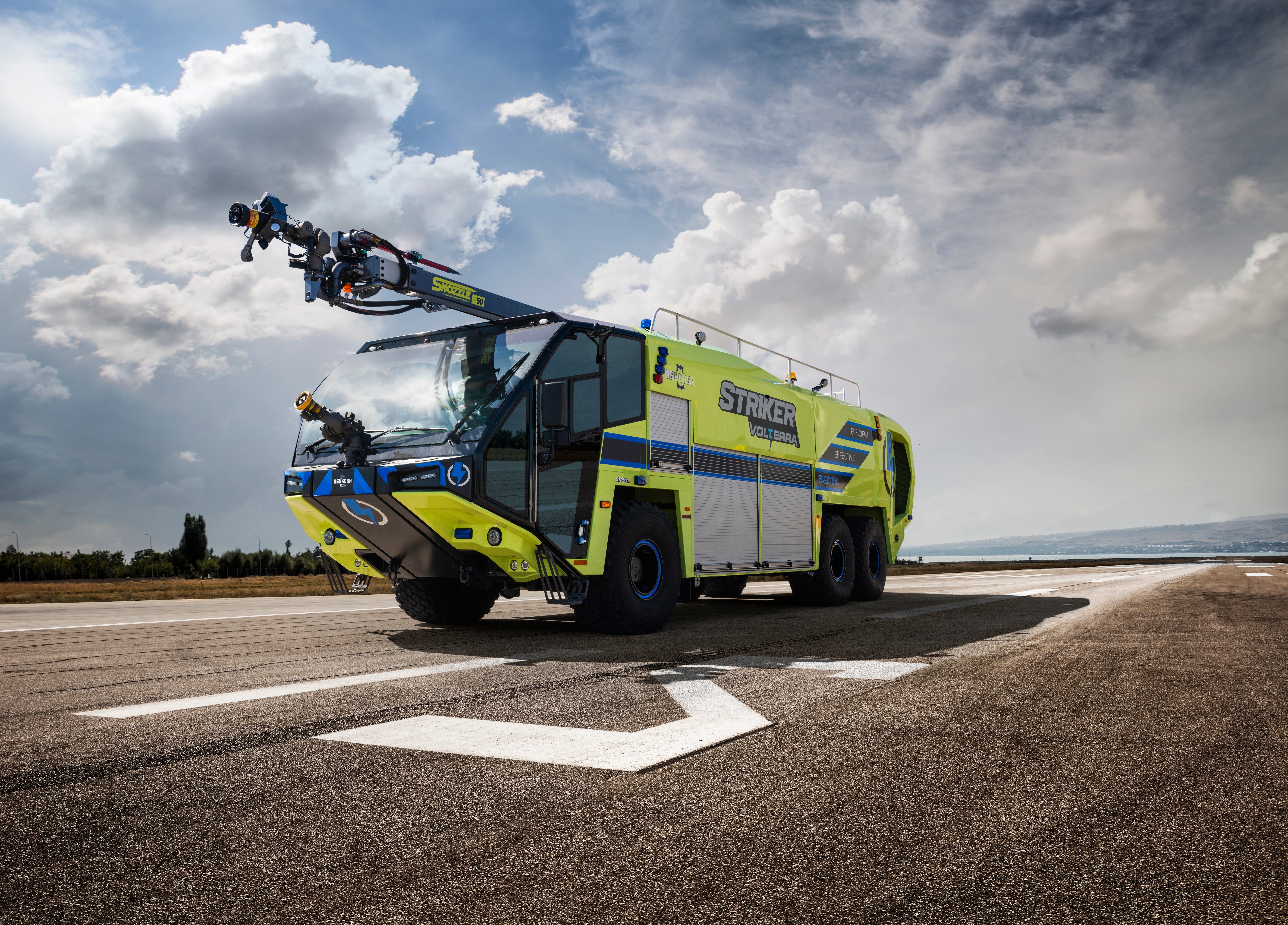 Striker Volterra Electric ARFF parked outside on a cloudy day.