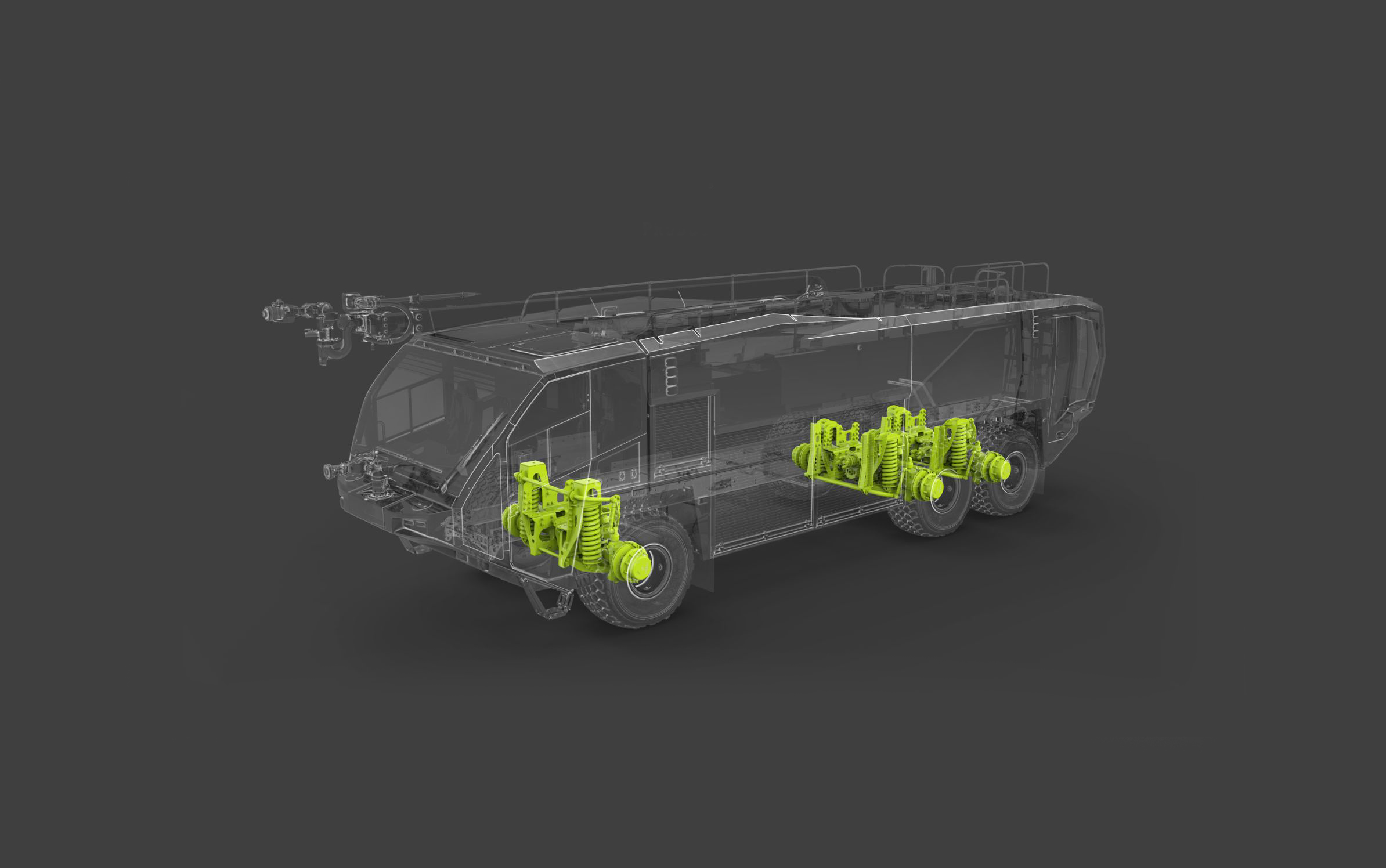 Xray photo of a Striker ARFF vehicle with a Snozzle showing Tak-4 Independent Suspension.