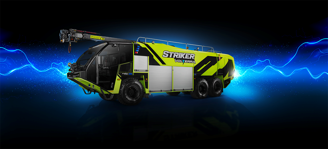 Striker Volterra electric ARFF with a Snozzle with blue lightning bolt graphics coming out of the front and the back.