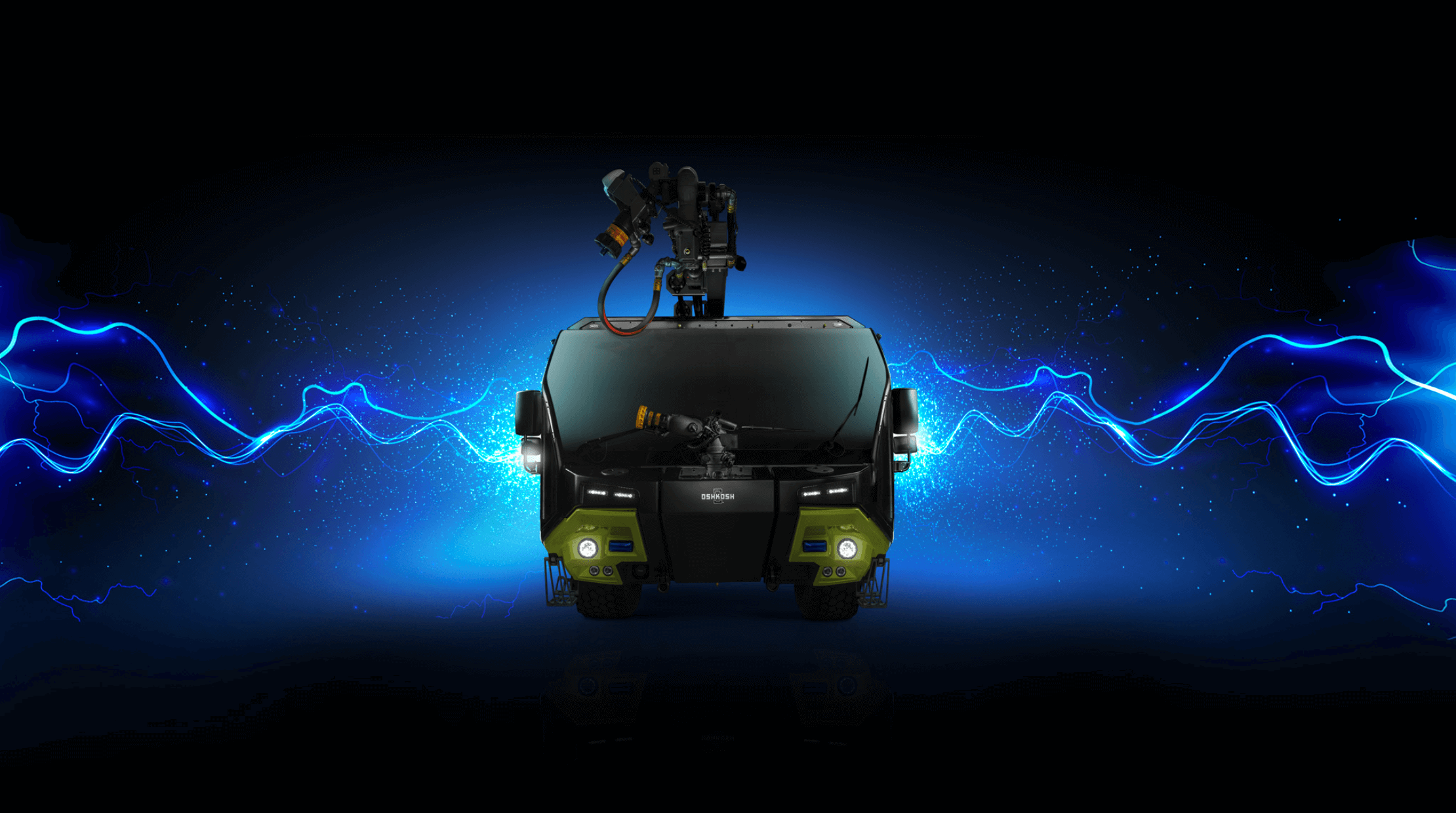 Striker Volterra electric ARFF with a Snozzle and blue lightning bolts coming out of both sides.