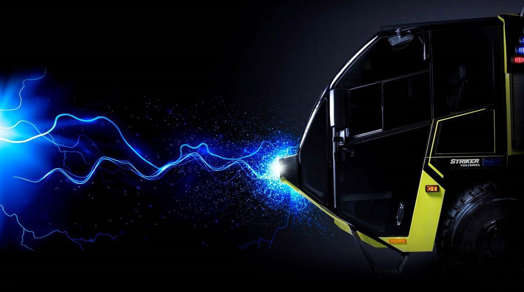 Front end of a Striker Volterra electric ARFF with electric volts exiting the front.